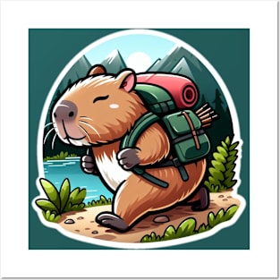 Cute capybara hiking funny Posters and Art